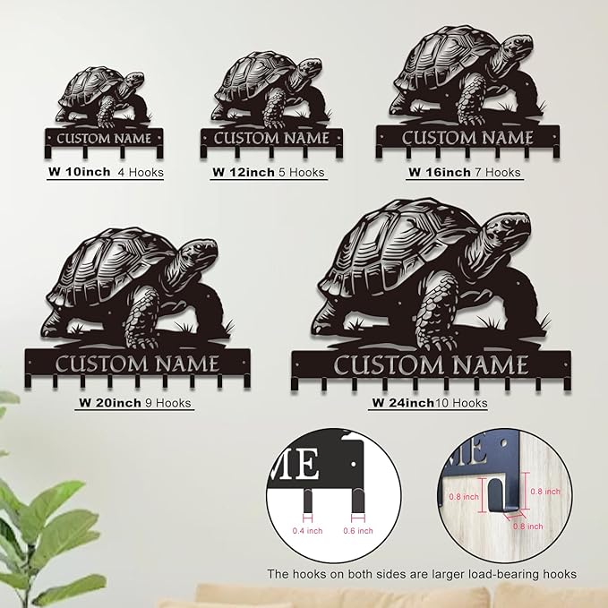 Custom Tortoise Metal Key Holder for Wall, Personalized Family Name Metal Sign with Hooks, Entryway Coat Rack and Organizer for Keys, Leashes, Hats (Style-1)