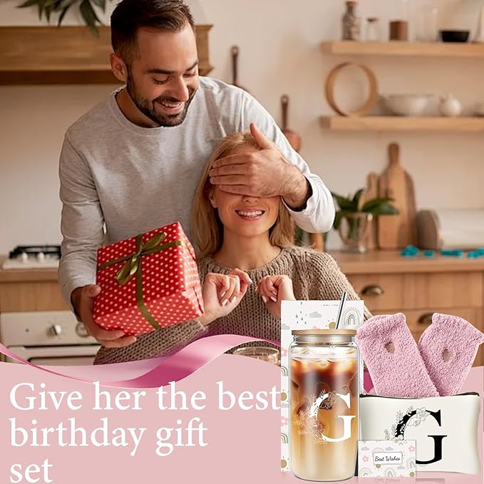 Unique Initial Glass Cup with Lids and Straws, Monogrammed Gifts Box Included Makeup Bag, Christmas Birthday Gifts for Women Mom Sister Grandma, G
