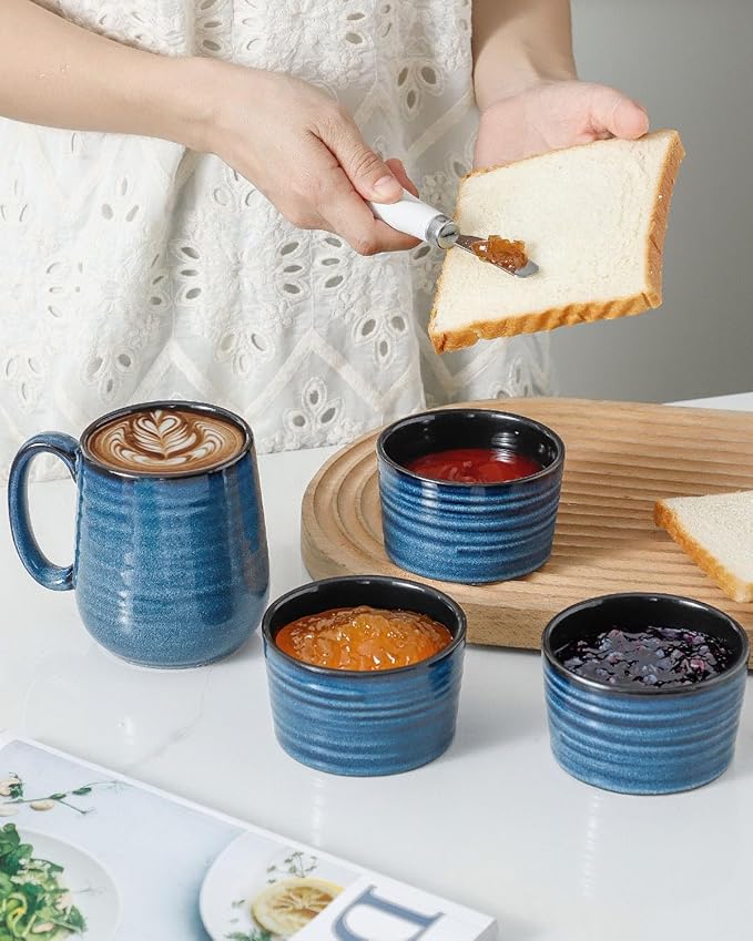 Ramekins 8 oz Oven Safe,Set of 6 Ceramic Souffle Dish Oven Safe for Creme Brulee,Porcelain Creme Custard Cups for Pudding,Creme Brulee,Serving Dip, Custard,Ice Cream,Dishwasher Safe,Blue