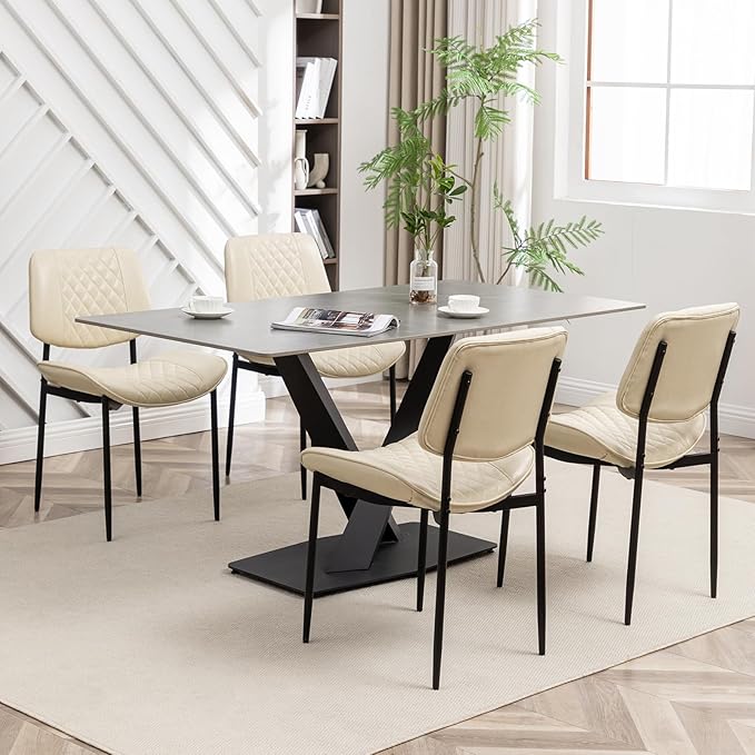 Modern Dining Chairs Set of 4, Leather Dining Chair with Metal Legs, Upholstered Dining Room Chairs for Dining Room, Kitchen, Vanity (Beige)