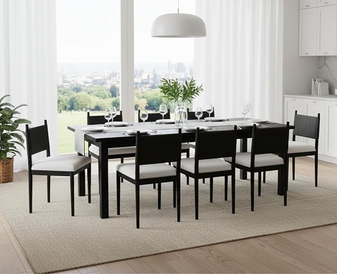 CIMOTA Black Dining Chairs Set of 6, Mid Century Modern Upholstered Dining Room Chairs with Woven Back, Armless Kitchen Chairs with Solid Wood Legs,Linen Beige
