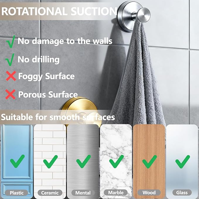 4 PCS Upgraded Drill-Free Suction Cup Hooks, Shower Towel Hooks for Bathrooms Stainless Steel Suction Hook Towels Hanger for Bathroom Kitchen Clothes Mirror Wall (Brushed Silver)