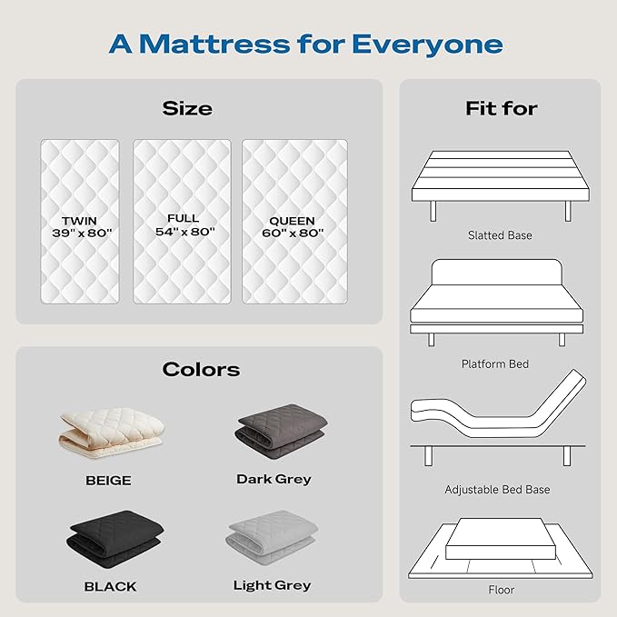 Aircliff Japanese Floor Futon Mattress, Roll Up Tatami Mat, Sleeping Pad, Shikibuton, CertiPUR-US Certified Foam Floor Bed Mattress for Sleeping, Dormitory, Guest Bed, Designed in Japan(Grey, Queen)