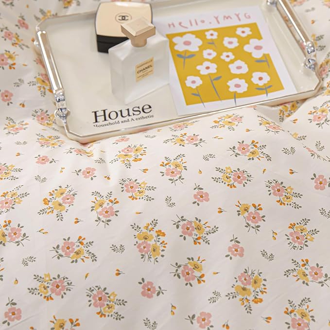 EAVD French Garden Style Ruffled Floral Comforter Set Queen Fluffy Soft Microfiber Chic Shabby Pink Yellow Floral Bedding Set with 2 Pillowcases Fresh Botanical Comforter Set for All-Season