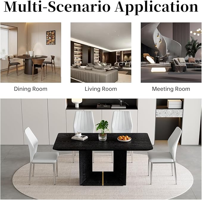 63" Modern Black Dining Table Set for 4 with Chairs, 5 Piece Rectangular Dining Room Table and 4 PU Leather Chairs, Kitchen Dining Set with Matte Wood Finish, Geometric Base, Easy Assembly