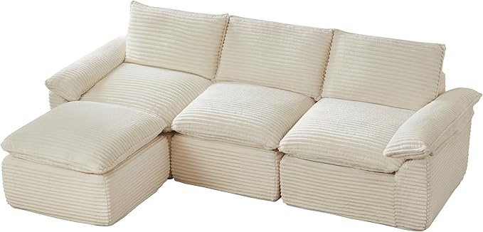111" Cloud Sectional Couch with L-Shaped Chaise, Corduroy Sectional Sofa with Ottoman, Boneless Couch with Deep Seat in a Box for Living Room, No Assembly Required (White)