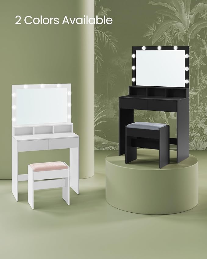 VASAGLE Vanity Desk with Mirror and Lights, Makeup Vanity with Upholstered Vanity Stool, 9 Dimmable LED Lights, 3 Compartments, 2 Drawers, for Bedroom, Ink Black URDT129B01
