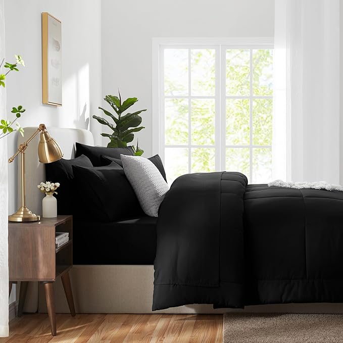 CozyLux Oversized King Comforter Sets Black, 7 Pieces Bed in a Bag, Ultra-Soft All Season Bedding Sets with Stitch Quilted Comforter, Flat Sheet, Fitted Sheet, Pillowcases, Black