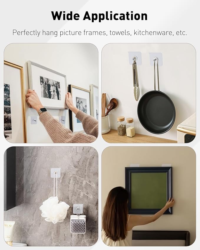 Uniclife 20 Pcs Self Adhesive Picture Hooks, 26.5 lbs Load Heavy Duty Picture Hangers Without Nails, 16 mm Adhesive Wall Hooks for Hanging, Transparent Waterproof Sticky Hook for Bathroom Kitchen