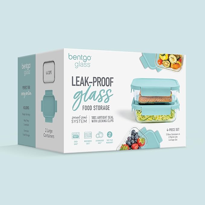 Bentgo Glass Leak-Proof Food Storage Set - 4-Piece Glass Containers with BPA-Free Airtight Lids, Reusable & Durable for Leftovers & Meal Prep - Microwave, Freezer, Oven & Dishwasher Safe (Soft Aqua)