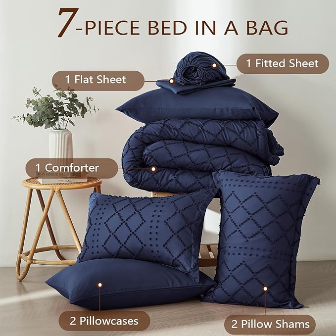 Navy Blue Tufted Comforter Set King Size 7 Piece Bed in a Bag,Shabby Chic Boho Comforter and Sheet Set,All Season Soft Microfiber Complete Bedding Set(Navy Blue,102"x90")