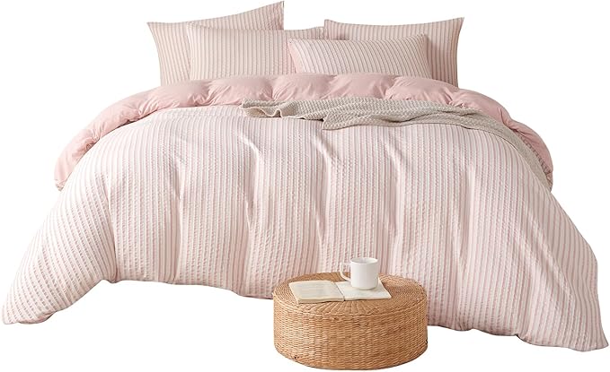 Pink Comforter King Size Set Striped 100% Soft Washed Microfiber Jacquard 3 Pieces Striped Bedding Sets Pink White Comforter for All Seasons and 2 Pillowcases Comfort Breathable