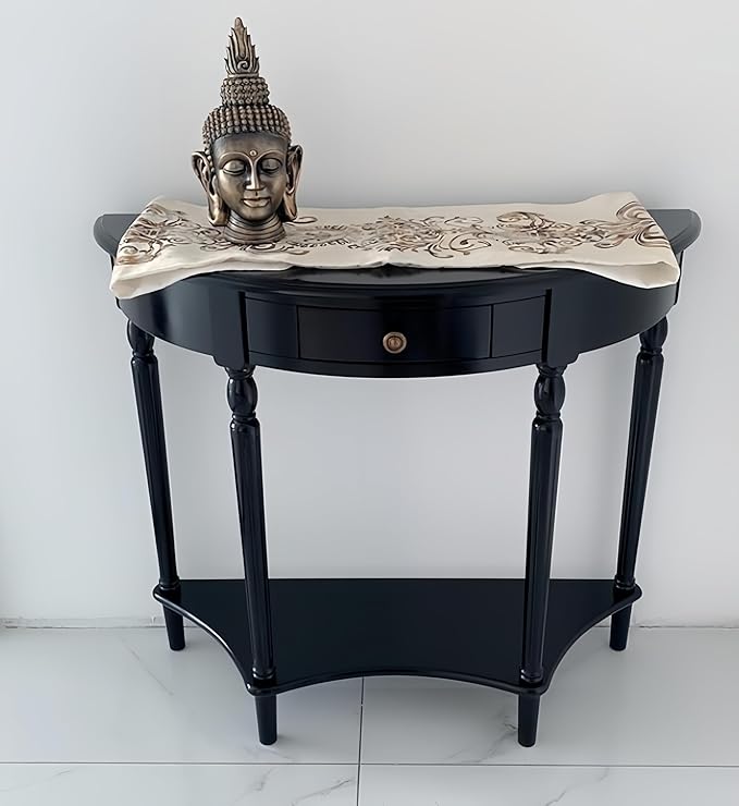 Solid Wood Console Table with Drawer, Semi-Circle Entryway Storage Shelf, Half-Moon Porch Table Side Elegant Vintage Sofa for Living Room (Black (35.4" L x 15.0" W x 34.4" H))
