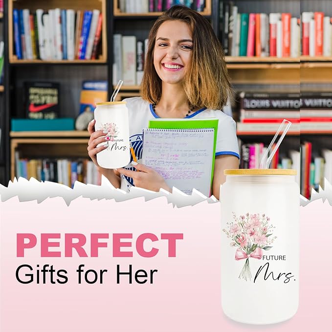 Engagement Gifts for Women, Bridal Shower Gift 16oz Glass Cup with Lid and Straw, Bride To Be Gifts, Wedding Gift for Bride, Bride Gifts, Future Mrs Mug Cup, Engaged Gifts for Her