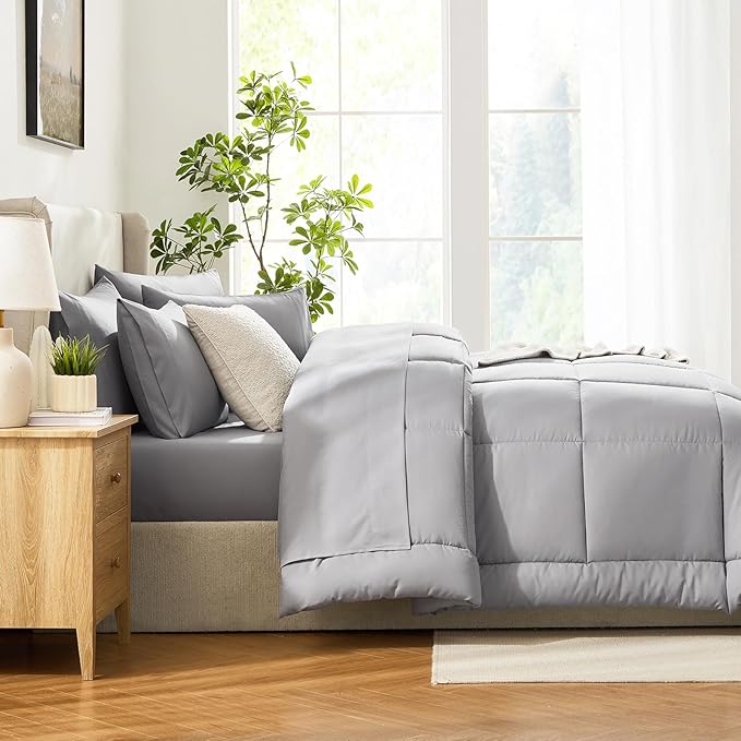 CozyLux King Size Comforter Set Grey, 7 Pieces Bed in a Bag, Gray Comforter King Size, All Season Bedding Sets with Stitch Quilted Comforter, Flat Sheet, Fitted Sheet, Pillowcases
