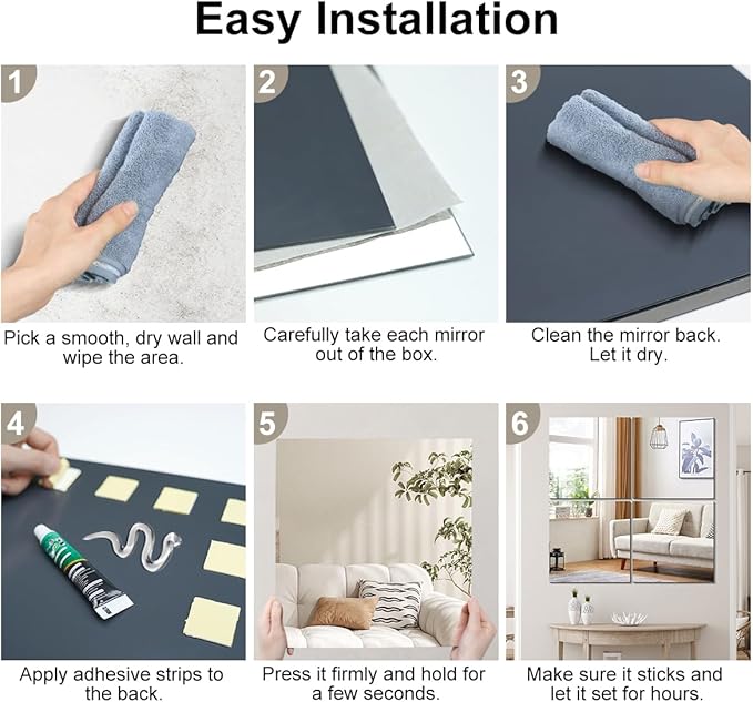 Vlush Adhesive Mirror Tiles 12'' x 12'' x 4PCS Full Body Mirror Full Length & Wall Mounted Mirrors Tiles Decorative for Home Gym, Door, Bedroom & Bathroom