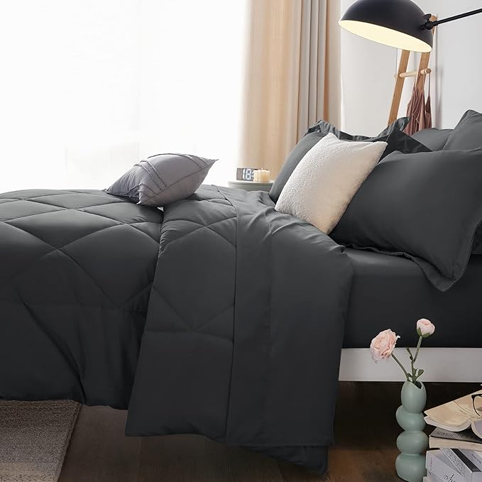 CozyLux Oversized King Comforter Set Dark Grey, 7 Pieces Bed in a Bag Comforter Set with Sheets Luxury Bed Set for All Seasons, Bedding Set with Down Alternative Comforter, Sheets, Pillowcases & Shams