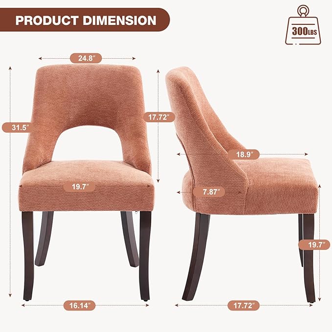 UVV Wooden Dining Chairs Set of 2, Mid Century Modern Upholstered Dining Room Chair Kitchen Chairs, Chenille Dinner Chair with Solid Wood Legs for Kitchen Dining Room, Orange-Chenille