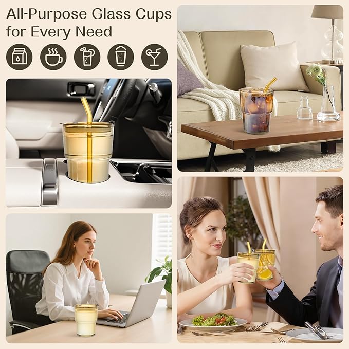 13oz Glass Cups with Straw and Lid,Tumbler Water Glass,2 Pack Reusable Iced Coffee Tumbler with Lids,Glass to go Coffee Cup for Drinking Matcha, Water, and Juice.(Amber