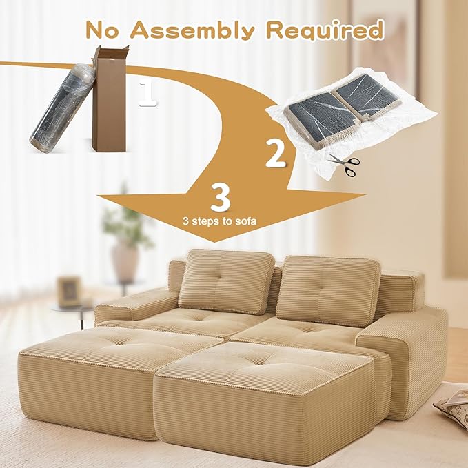 80" Modern Corduroy Boneless Love Seat Couches with 2 Ottomans, 2 Seater Large Sectional Couches for Living Room, Camel Cloud Modular Sectional Sofa, Memory Foam, Extra Deep Loveseat, No Assembly