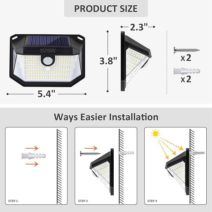 Solar Outdoor Lights, 230 LED with Motion Sensor and 3 Modes, IP65 Waterproof, 270° Wide Angle Light, Easy-to-Install Intelligent Security Wireless Wall Lights for Porch, Garage, Yard(4 Pack)