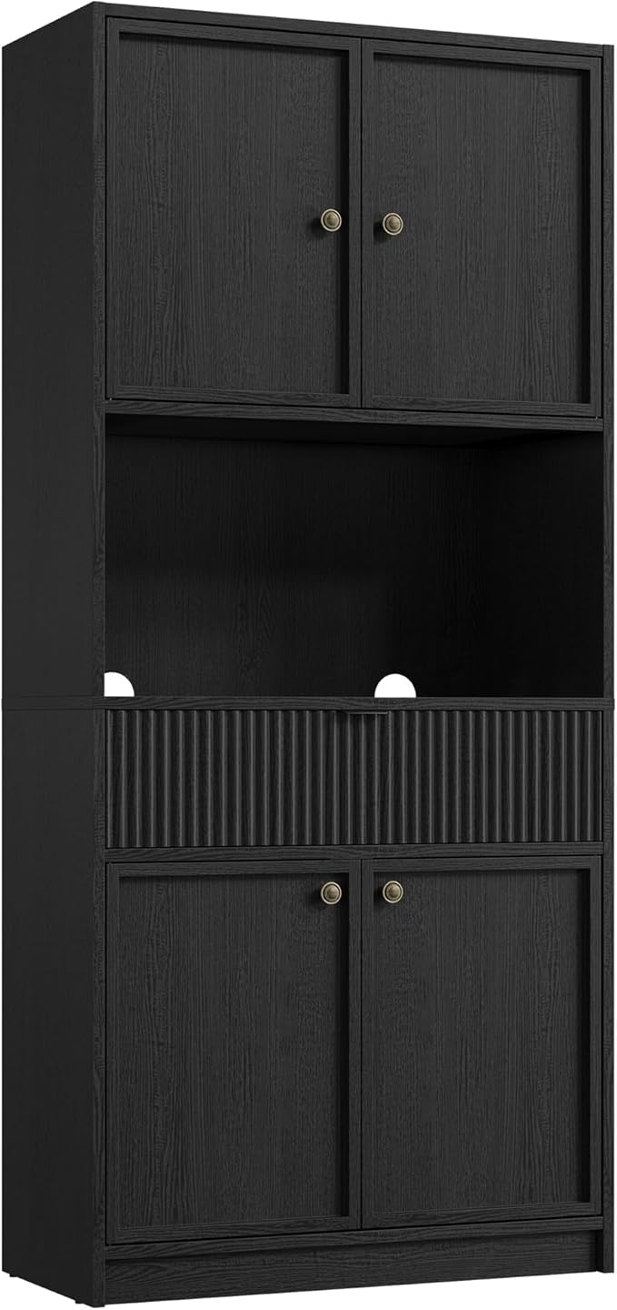 Garvee Tall Kitchen Pantry Cabinet, 70" Pantry Storage Cabinet with Countertop, Fluted Kitchen Hutch Cabinets with Doors and Drawer, Freestanding Cupboard for Dining Room, Living Room, Black