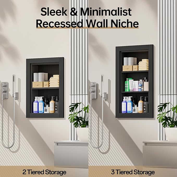 Recessed Medicine Cabinet, 14x18 Wood Recessed Wall Niche Medicine Cabinet Replacement, Water-Proof Wall Niche for Bathroom/Hallway, Black