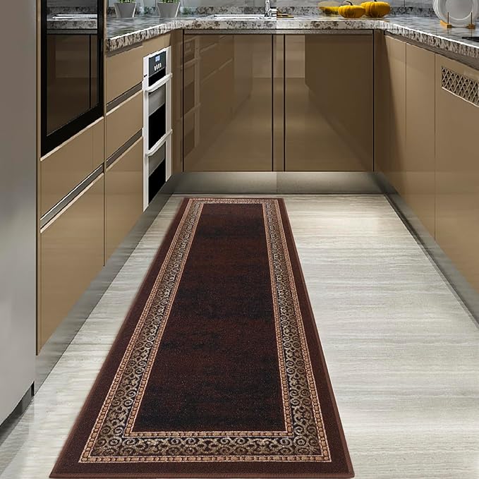 Antep Rugs Alfombras Bordered Modern 2x7 Non-Slip (Non-Skid) Low Pile Rubber Backing Indoor Area Runner Rug (Brown, 2' x 7')