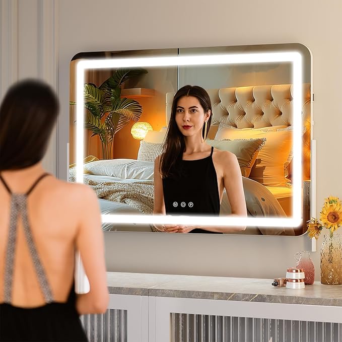 Hasipu Vanity Mirror with Lights, 30" x 21" LED Makeup Mirror, Light up Mirror with 10X Magnification and Phone Holder, USB Charging Port, Smart Touch 3 Colors Dimmable, 360ยฐ Rotation (White)