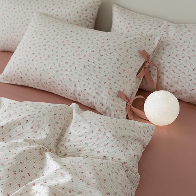 Cotton Floral Duvet Cover Full Size Pink Rose Flower Comforter Cover Chic Floral Stripes Bedding Set Girls Women Cottagecore Duvet Cover with 2 Bowknot Pillowcases Vintage Flower Bedding Set Full