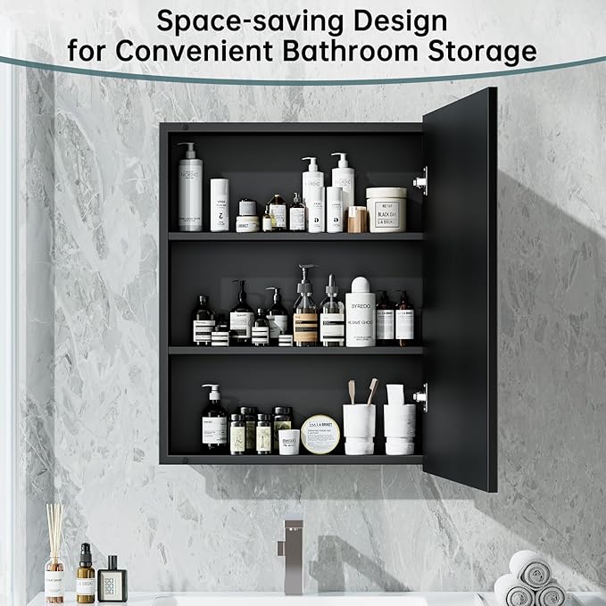 20" x 26" Metal Framed Medicine Cabinet, Bathroom Medicine Cabinet with Mirror, Adjustable Shelves, Tempered Glass Design, Recessed Mirrored Medicine Cabinets for Storage,Black