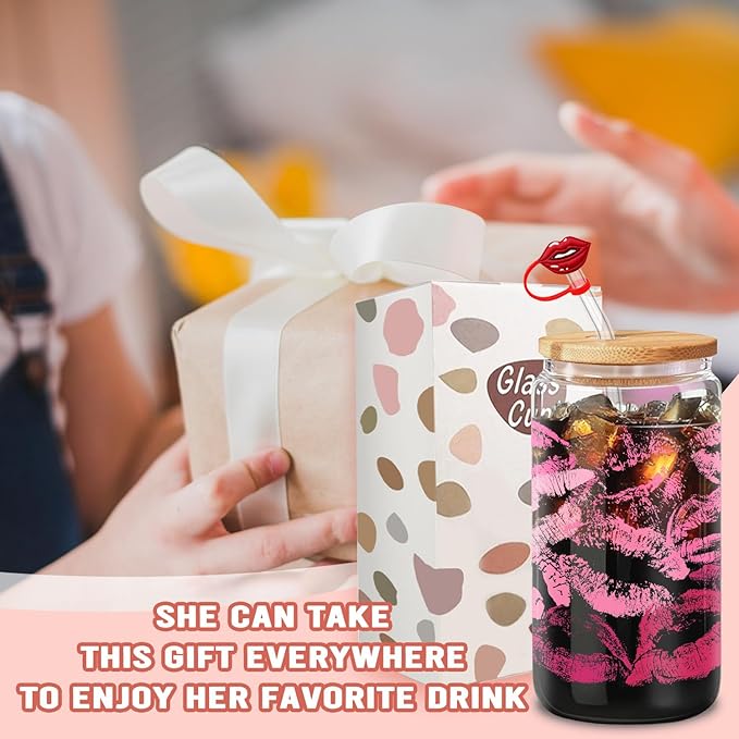 Aesthetic Pink Lipstick Tumbler - 16oz Iced Coffee Glass with Lid, Straw & Brush Set, Cute Coffee Bar Essentials, Elegant Gift Idea for Her, Ready to Gift, One Piece