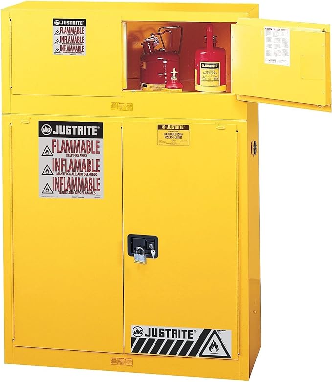 Justrite 17 Gallon Self Close Piggyback Flammable Storage Cabinet, 18 Gauge Steel, 1 Shelf, 2 Door Fire Cabinet, 24" x 43" x 18", Made in The USA, Red, 891721