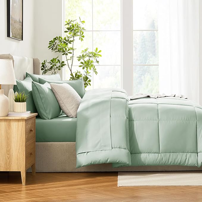 CozyLux Queen Comforter Set Sage Green, 7 Pieces Bed in a Bag, Green Comforter Queen Size, All Season Bedding Sets with Stitch Quilted Comforter, Flat Sheet, Fitted Sheet, Pillowcases