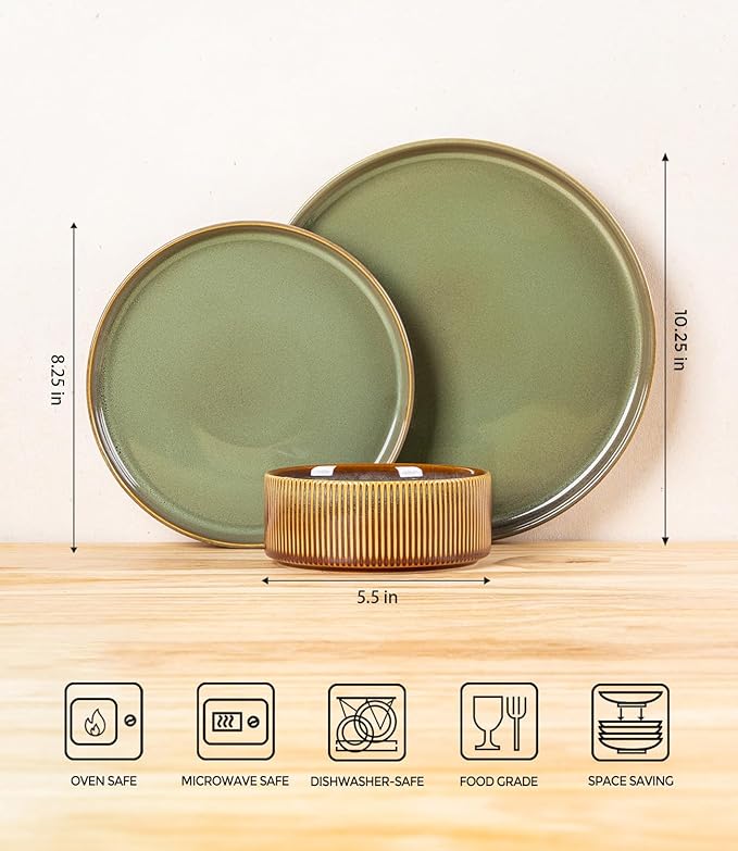 TheTerra Ceramic Dinnerware Sets for 6, 18 Pieces Porcelain Lightweight Plates and Bowls Sets, Scratch Resistant Dish Set, Oven & Microwave & Dishwasher Safe, Brown Green