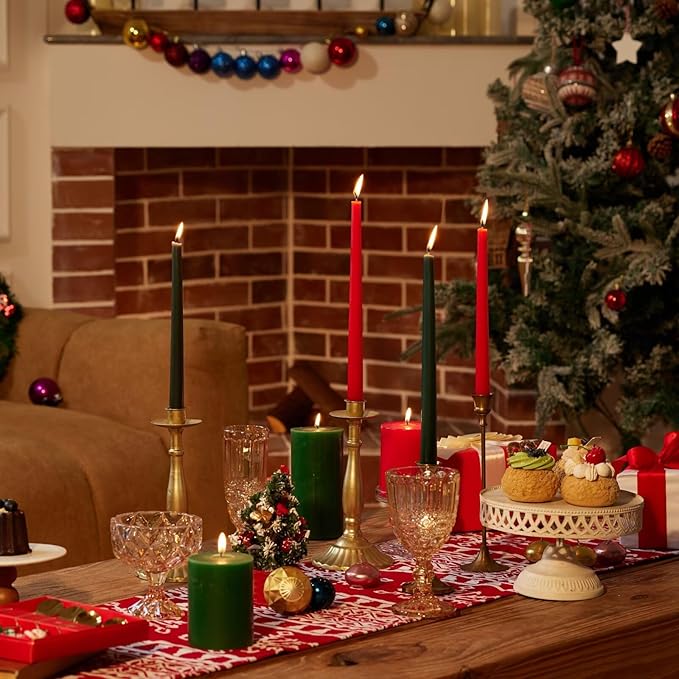 12-Inch Tall Dripless Taper Candles Set of 12 - Red and Green Tapered Candles, Perfect for Christmas - Smokeless, Unscented, Long Burning - Hand Poured, Colored Tall Candlesticks - Christmas