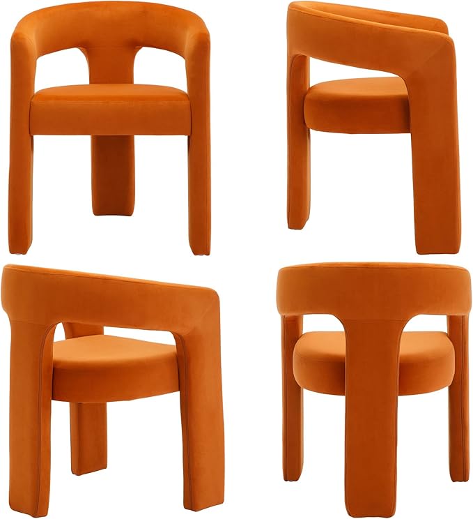 Set of 3 Modern Velvet Fabric Upholstered Dining Chairs with Open-Back, Cute Barrel Side Chairs Kitchen Armchair Accent Chairs for Dining Room Bedroom, Orange