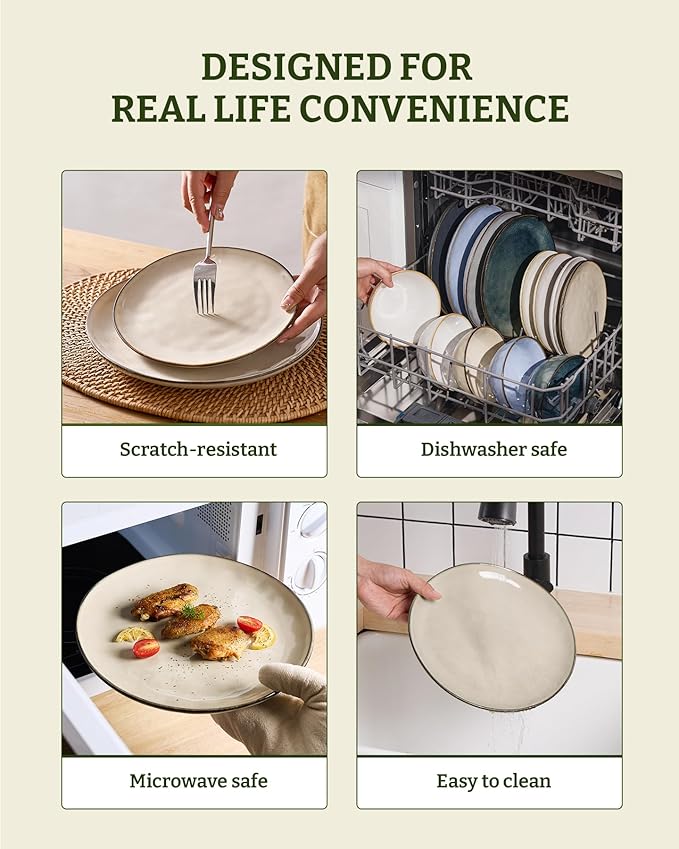 Famiware Dinnerware Sets for 6, Ocean Round 18-Piece Kitchen Plates and Bowls Sets, Microwave and Dishwasher Safe, Scratch Resistant, Light khaki