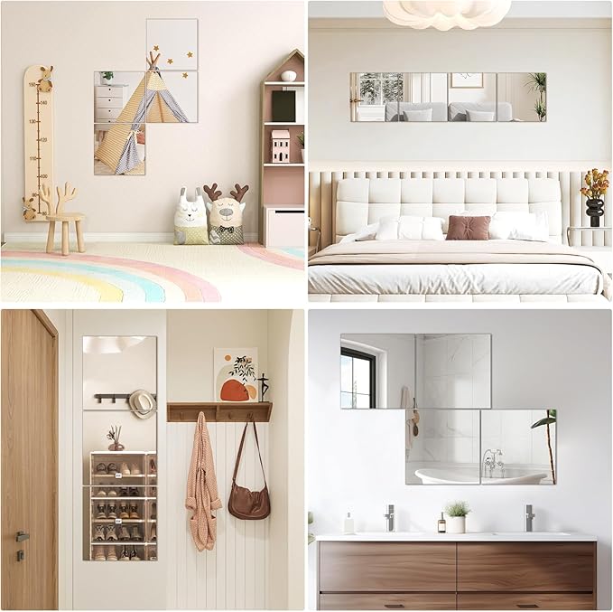 DARENYI 16x16 in Acrylic Mirror Sheet for Wall, 2.5mm Thick Unbreakable Non Glass Body Mirror Tile Self Adhesive Mirror Stickers Rectangular Wall Mirror for Bathroom Bedroom Home Gym Door Decor