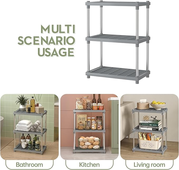 Grey 3 Tier Storage Rack with Shelf,Kitchen Spice Rack,Under Sink Countertop Makeup Organizer Standing Rack for Bathroom Counter,13MM Steel Tubes