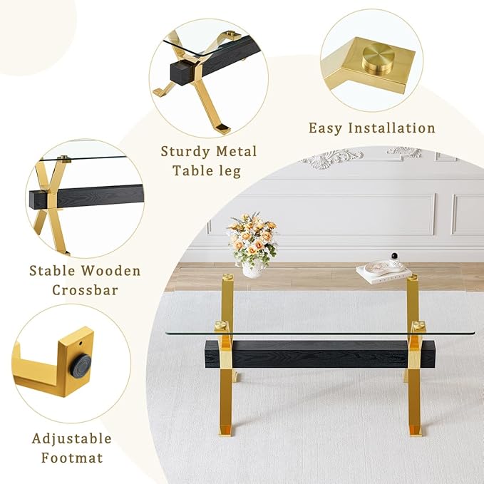 Glass Dining Table 71"|Modern Dining Table for 6-8|0.4" Thick Tempered Glass Top|Chrome Gold Metal Legs|Black Crossbar|Easy Assembly|Perfect for Dining Room or Kitchen