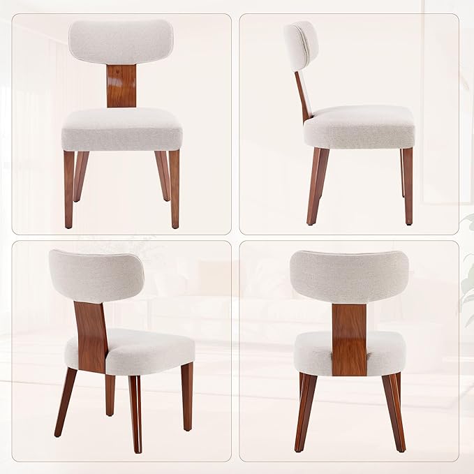 Dining Chairs Set of 4, Mid-Century Modern Upholstered Kitchen Chairs with Curved Backrest and Linen Fabric Seat, Wood Leg Accent Chairs for Dining Room, Living Room, Bedroom, Linen Beige