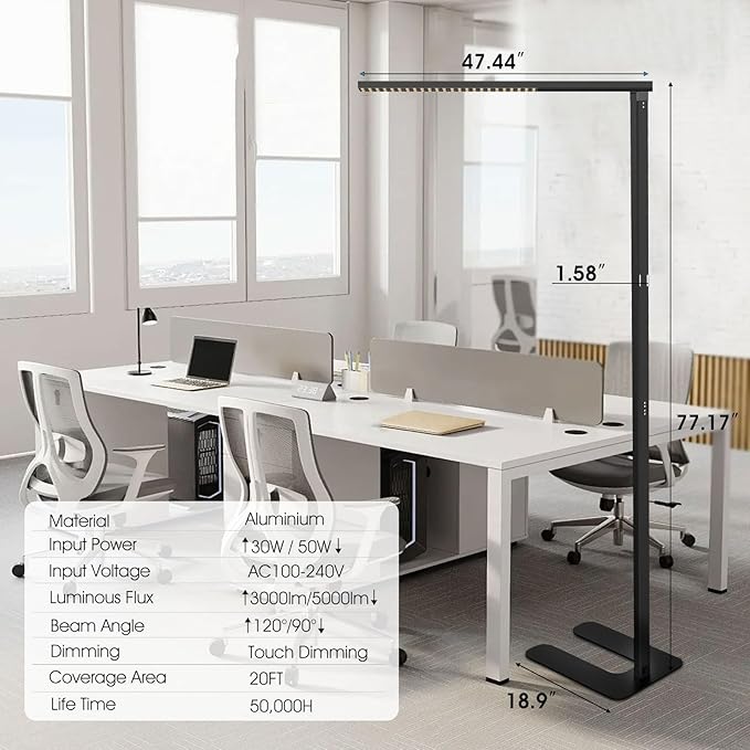 77"LED Floor Lamp,80W Black Modern Free-Standing Lamp,8000LM Dimmable High brightness office Lamp for Reading Study Room,Living Room,Bedroom Room,Piano Room,Meeting Room 4000K Natural Daylight