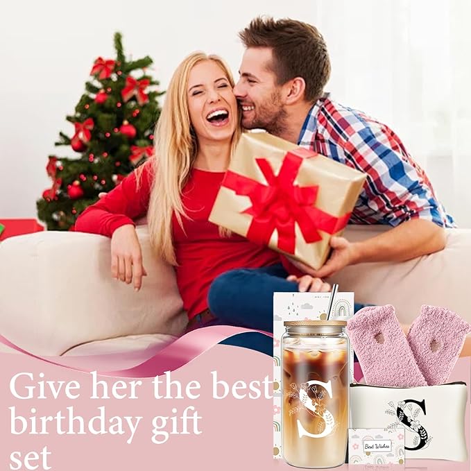 Unique Initial Glass Cup with Lids and Straws, Monogrammed Gifts Box Included Makeup Bag, Christmas Birthday Gifts for Women Mom Sister Grandma, S