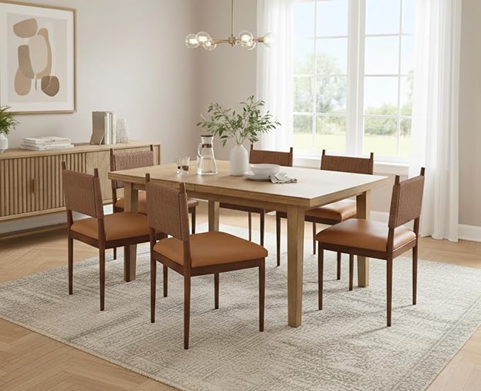 CIMOTA Brown Faux Leather Dining Chairs Set of 4, Mid Century Modern Upholstered Dining Room Chairs with Woven Back, Armless Kitchen Chairs with Walnut Solid Wood Legs, PU