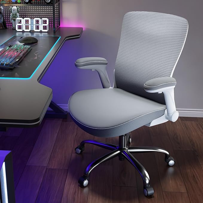 Office Home Ergonomic Desk Chair-Computer X-Shaped Chair Mesh PU Leather with Adjustable Lumbar Support-Executive Chair High Back Flip-Up Arms for Long Hours (White-Grey-No Headrest)