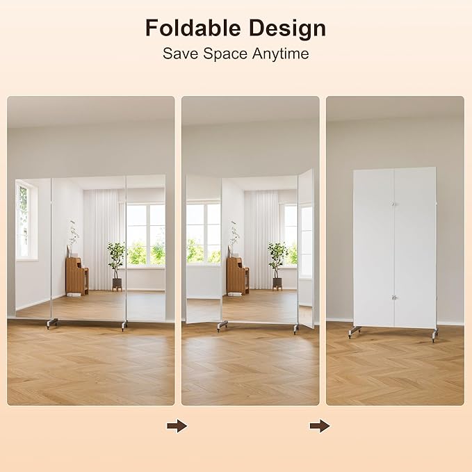 brisafe 71"x67" Folding Mirror with Wheels, 3-Panel Full Length Wall Mirror, Space-Saving Design, Shatterproof Nano Material, Portable Floor Mirror for Gym, Dance Studio, Home, Commercial Use, Black