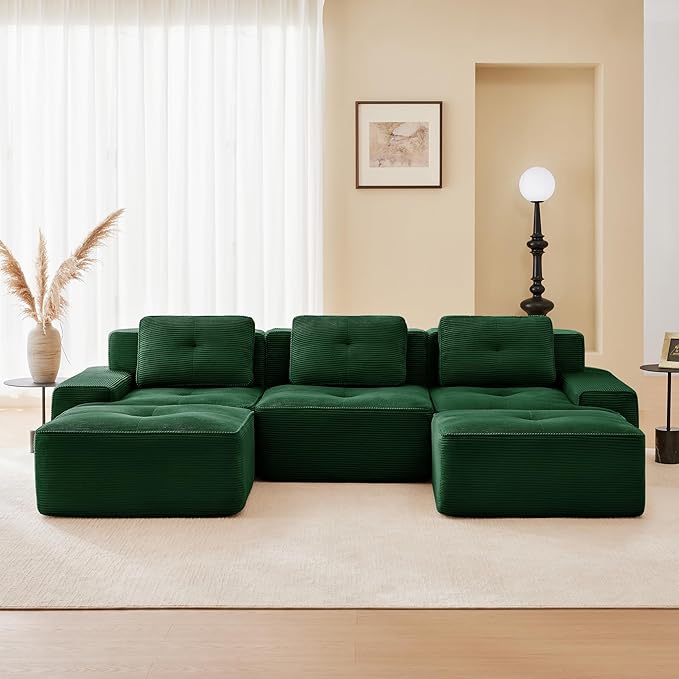 115.3'' Sectional Sofa, 32D Foam Corduroy Boneless Couch with Pillow, Deep Seat Wide Arm Sectional U Shaped Couch for Living Room, Apartment, Bedroom