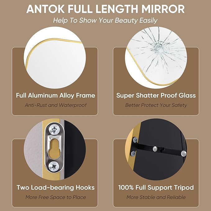 Antok Full Length Mirror, 78"x38" Floor Mirror Freestanding, Arched Floor Standing Large Full Body Mirror with Stand for Bedroom, Hanging Mounted for Living Room, Gold