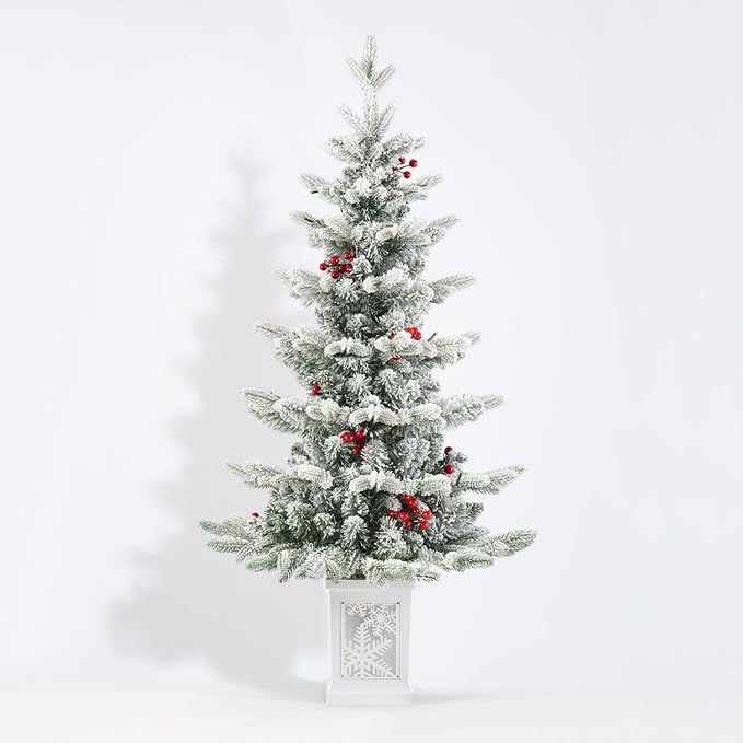 Two Pack Small Pre-Lit Christmas Tree with LED Lights - 3.5FT Snow Flocked Ariticifial Tree with Snowflake Base, Battery Operated & Auto Timer for Home Office Xmas Decor